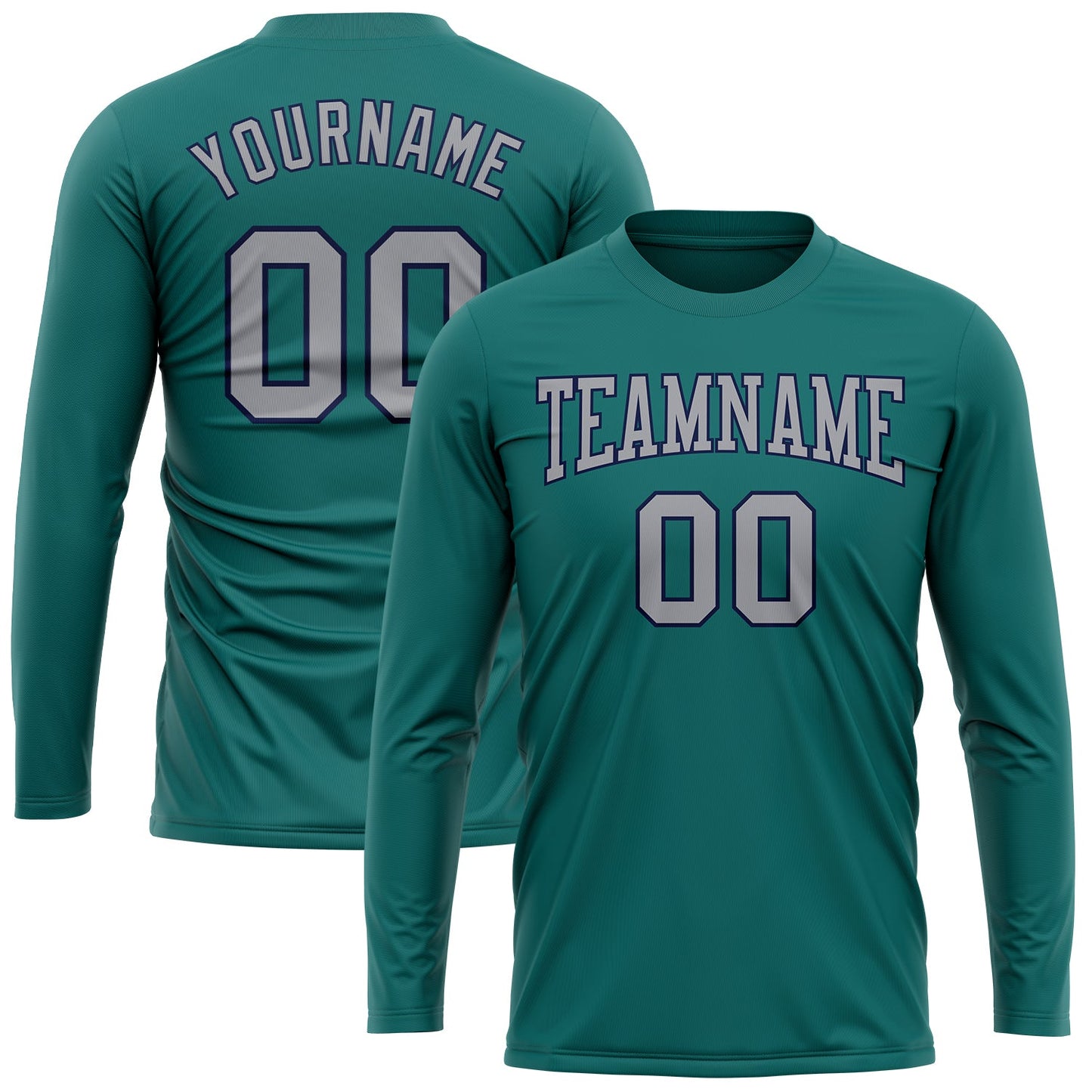 Custom Aqua Gray-Navy Long Sleeve Performance T-Shirt view 2