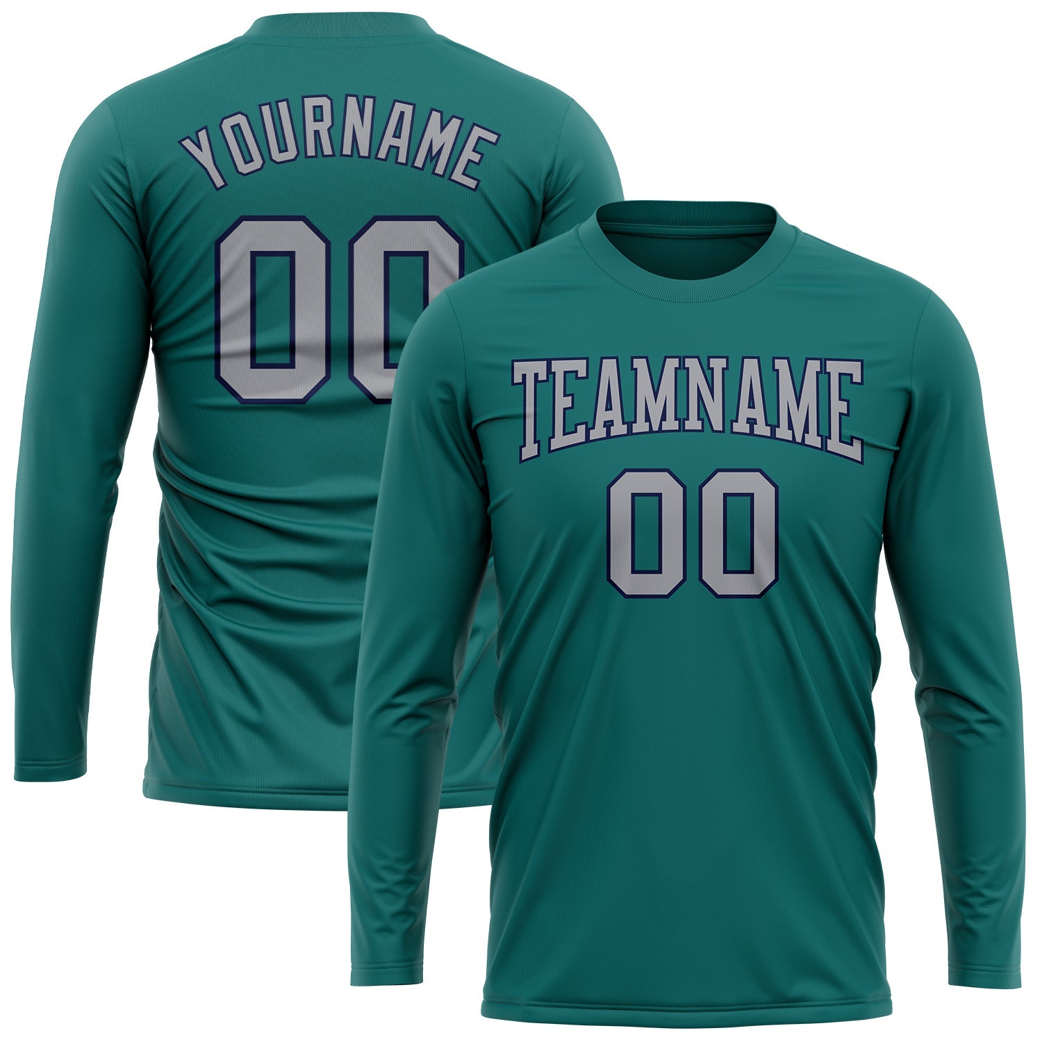 Custom Aqua Gray-Navy Long Sleeve Performance T-Shirt view 2