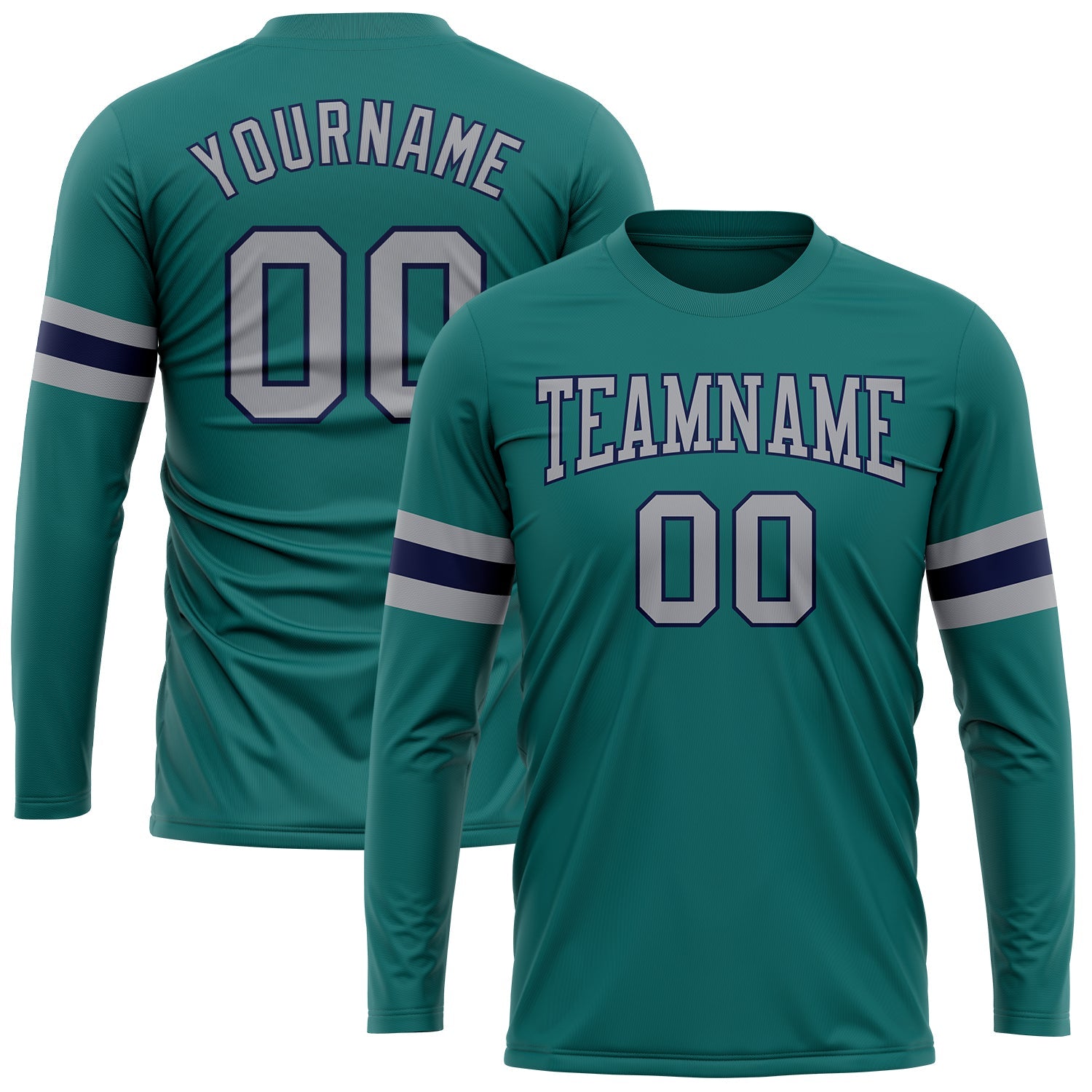 Custom Aqua Gray-Navy Long Sleeve Performance T-Shirt - Main View