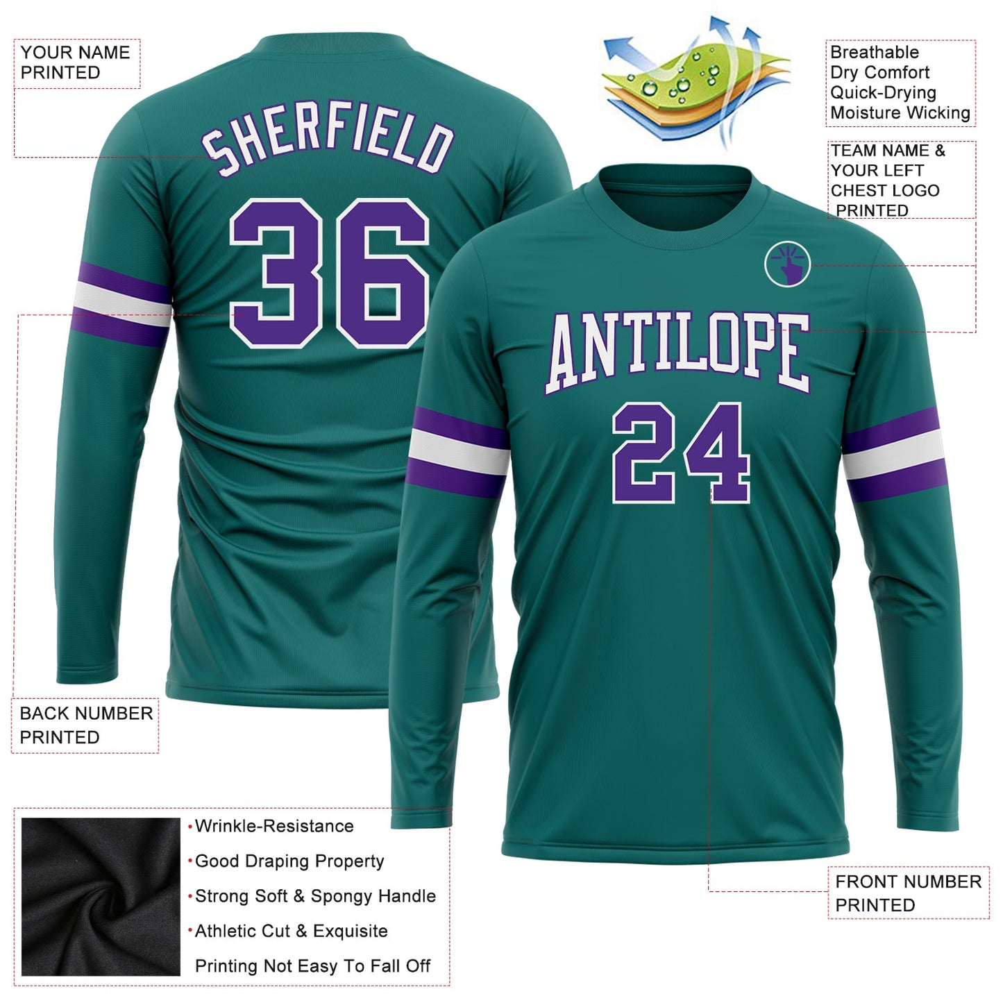 Custom Aqua Purple-White Long Sleeve Performance T-Shirt view 3