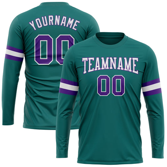 Custom Aqua Purple-White Long Sleeve Performance T-Shirt - Main View