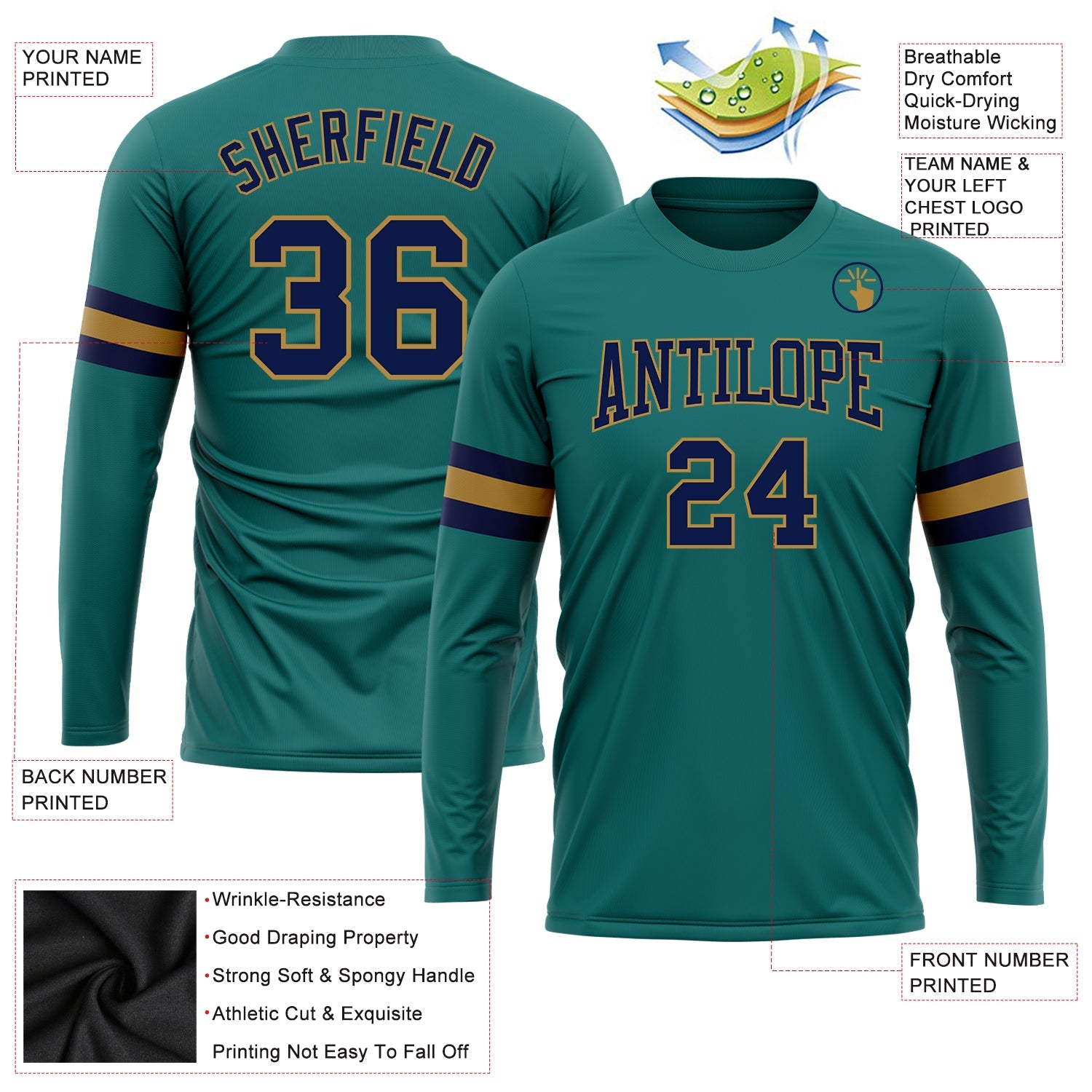 Custom Aqua Navy-Old Gold Long Sleeve Performance T-Shirt view 3