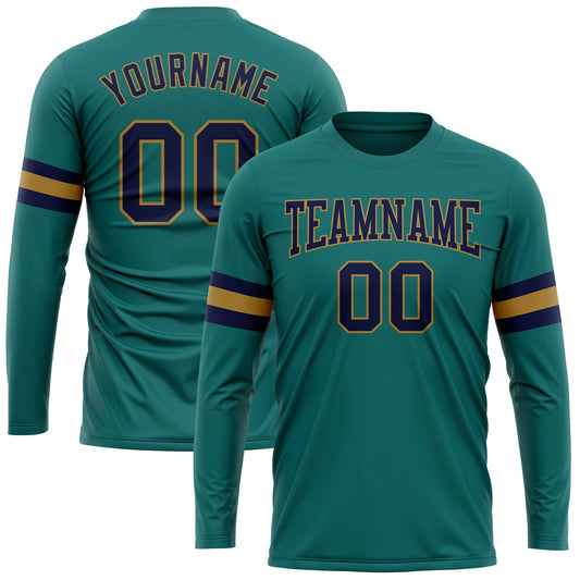 Custom Aqua Navy-Old Gold Long Sleeve Performance T-Shirt - Main View
