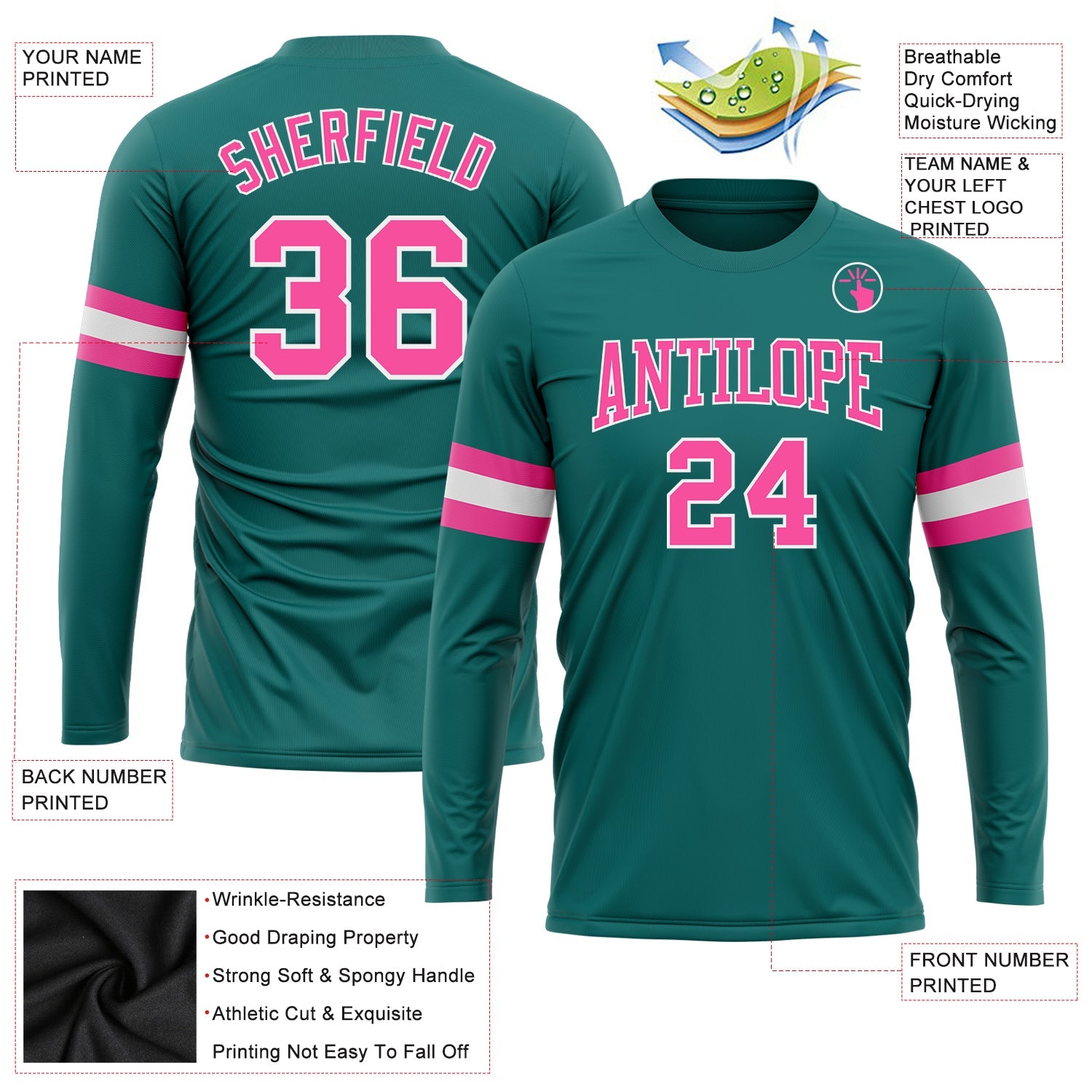 Custom Aqua Pink-White Long Sleeve Performance T-Shirt view 3