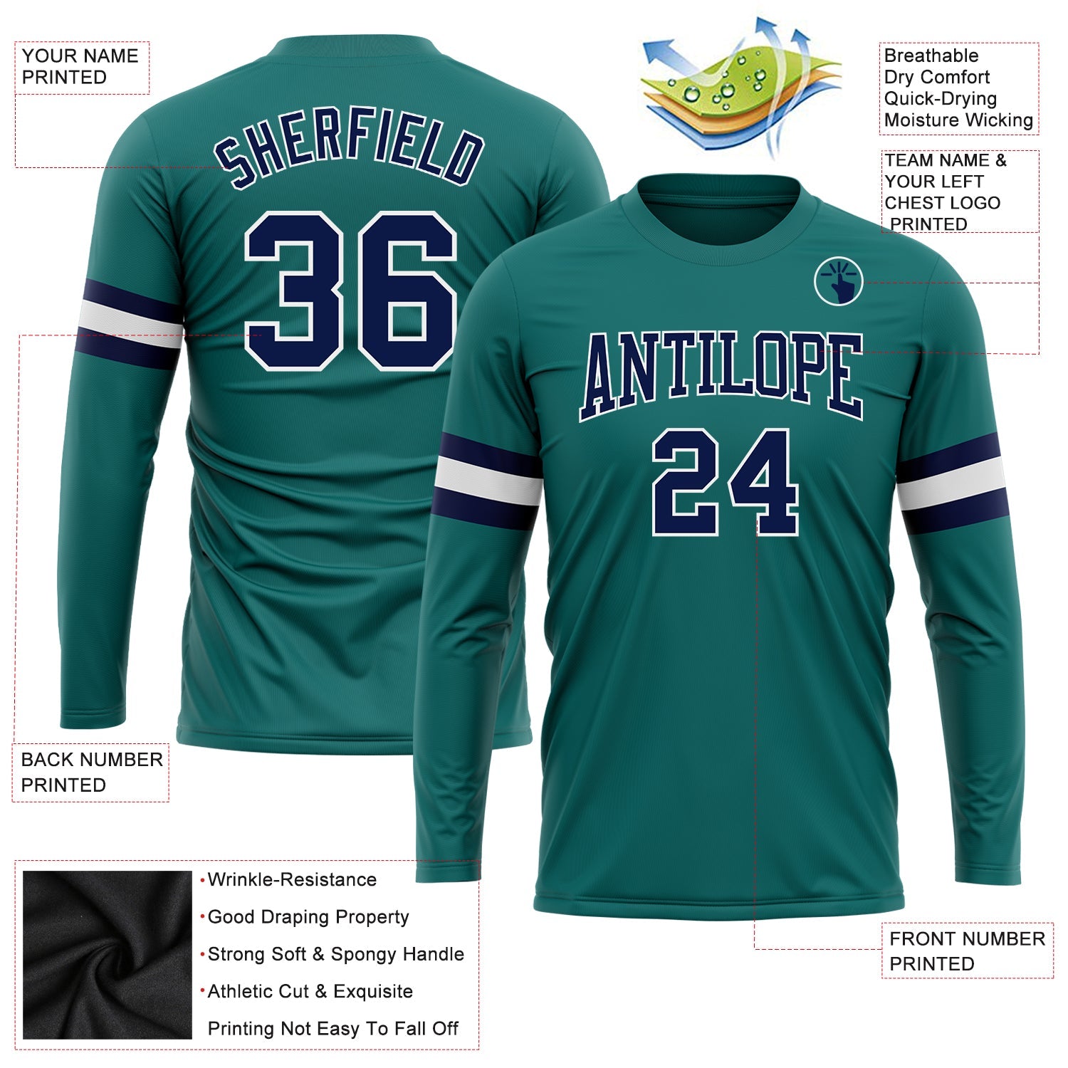 Custom Aqua Navy-White Long Sleeve Performance T-Shirt view 3