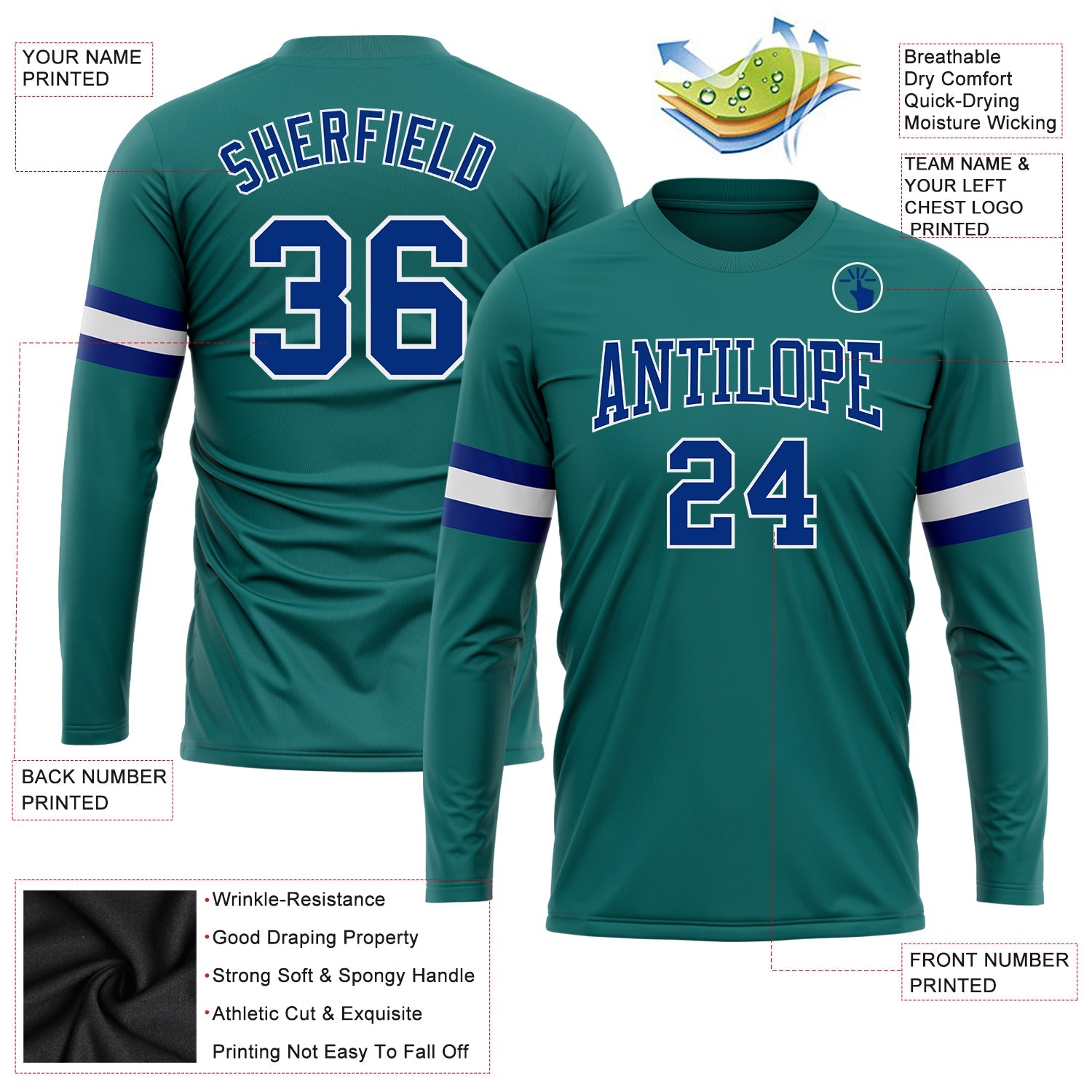 Custom Aqua Royal-White Long Sleeve Performance T-Shirt view 3