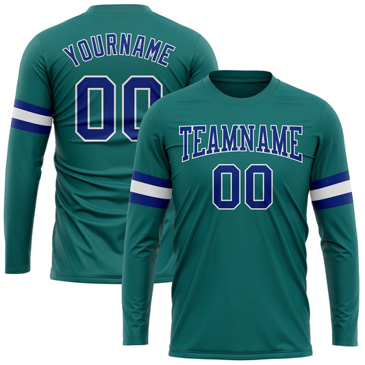 Custom Aqua Royal-White Long Sleeve Performance T-Shirt - Main View
