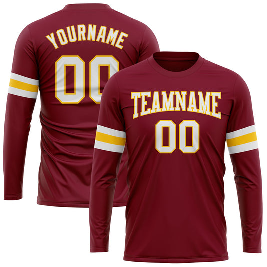 Custom Crimson White-Gold Long Sleeve Performance T-Shirt - Main View