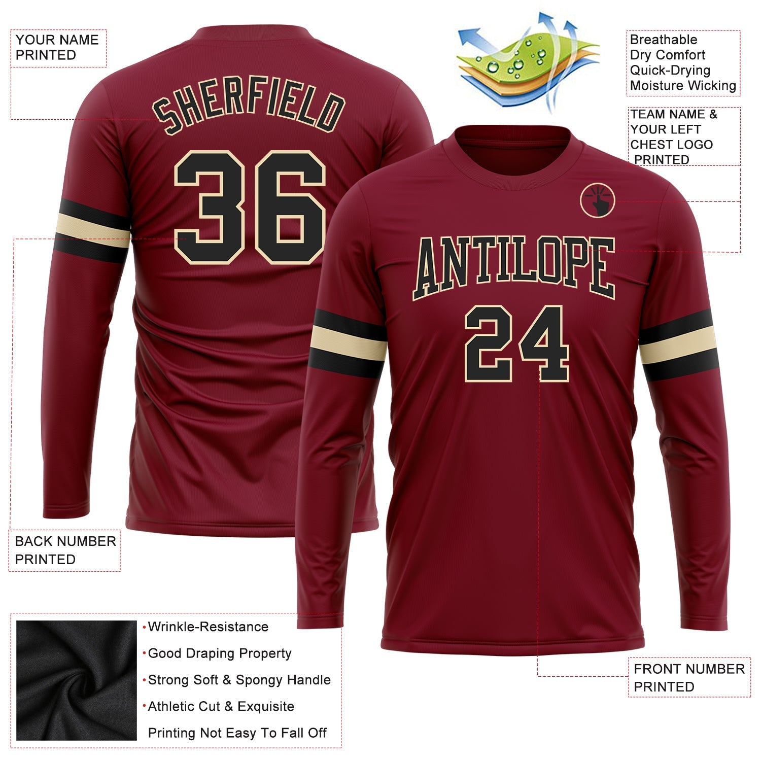 Custom Crimson Black-Cream Long Sleeve Performance T-Shirt view 3