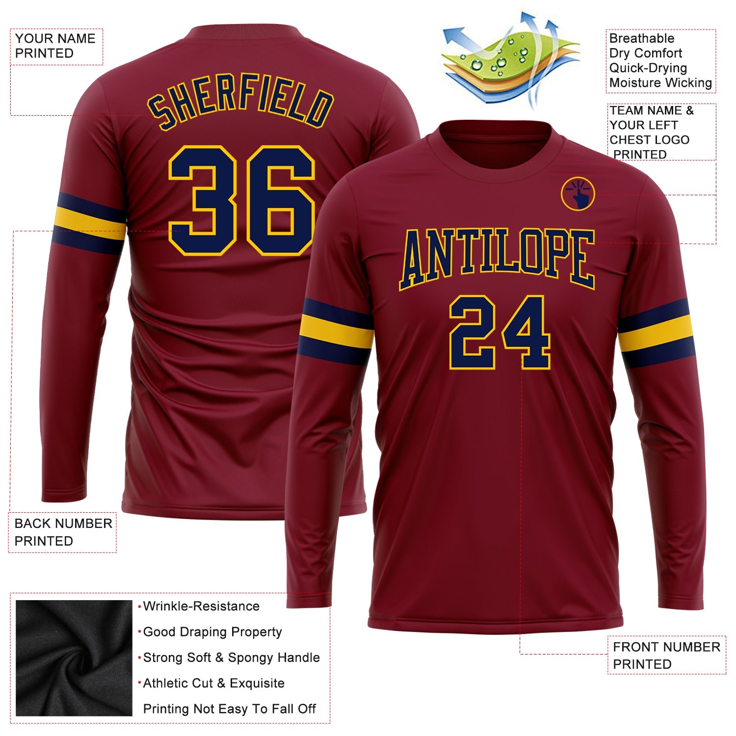 Custom Crimson Navy-Gold Long Sleeve Performance T-Shirt view 3