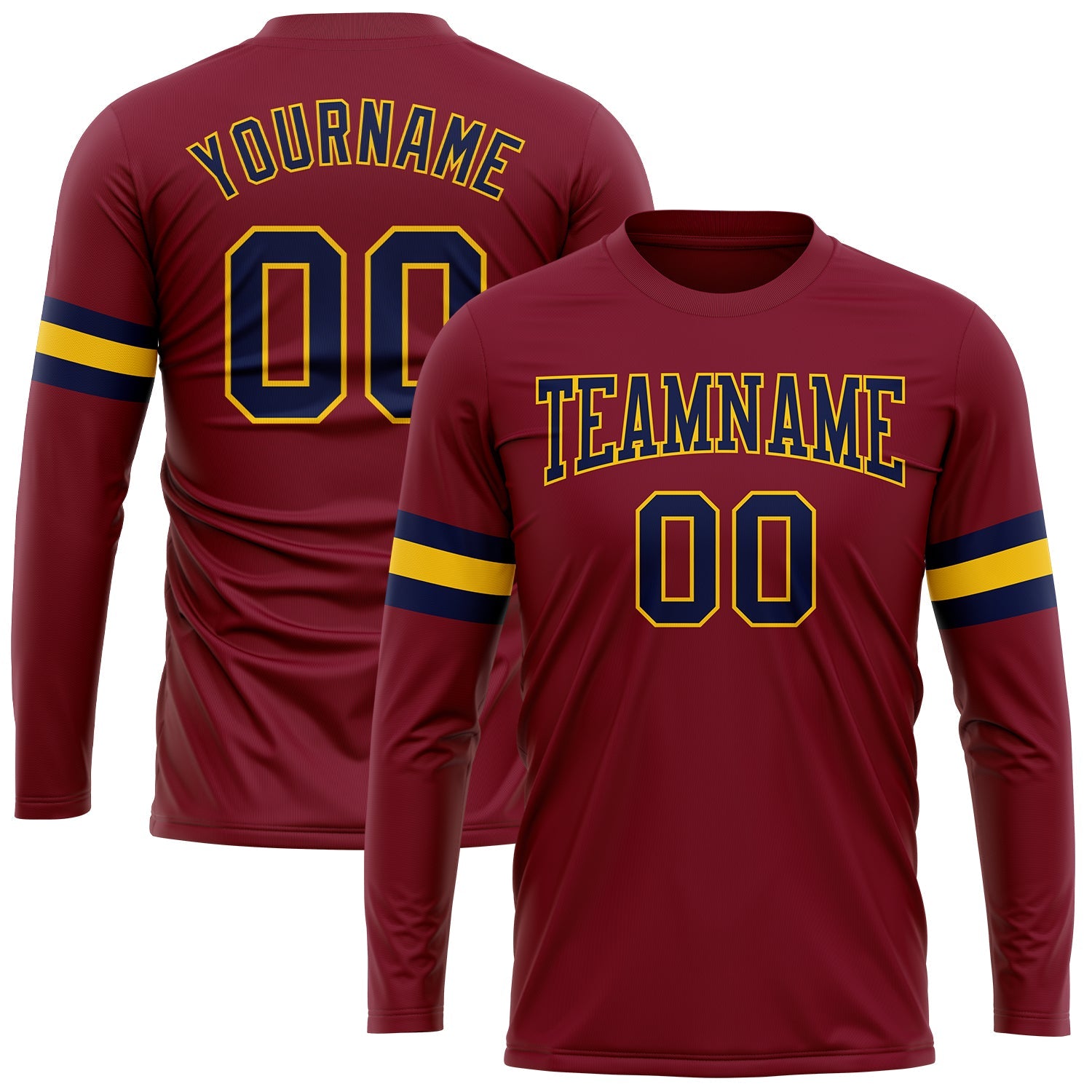 Custom Crimson Navy-Gold Long Sleeve Performance T-Shirt - Main View