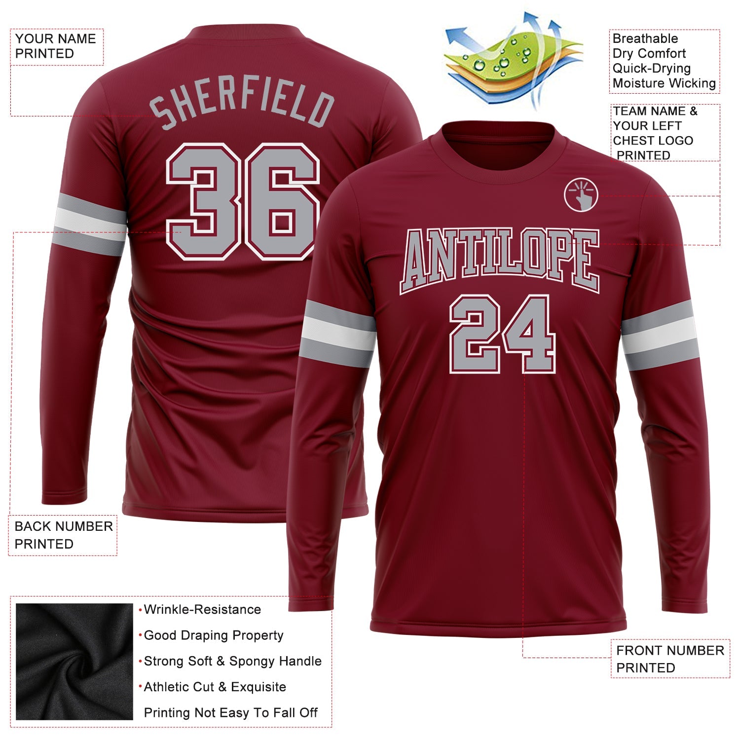 Custom Crimson Gray-White Long Sleeve Performance T-Shirt view 3