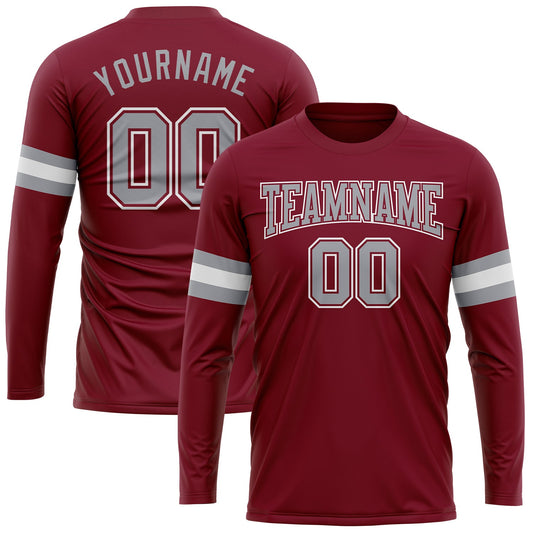 Custom Crimson Gray-White Long Sleeve Performance T-Shirt - Main View