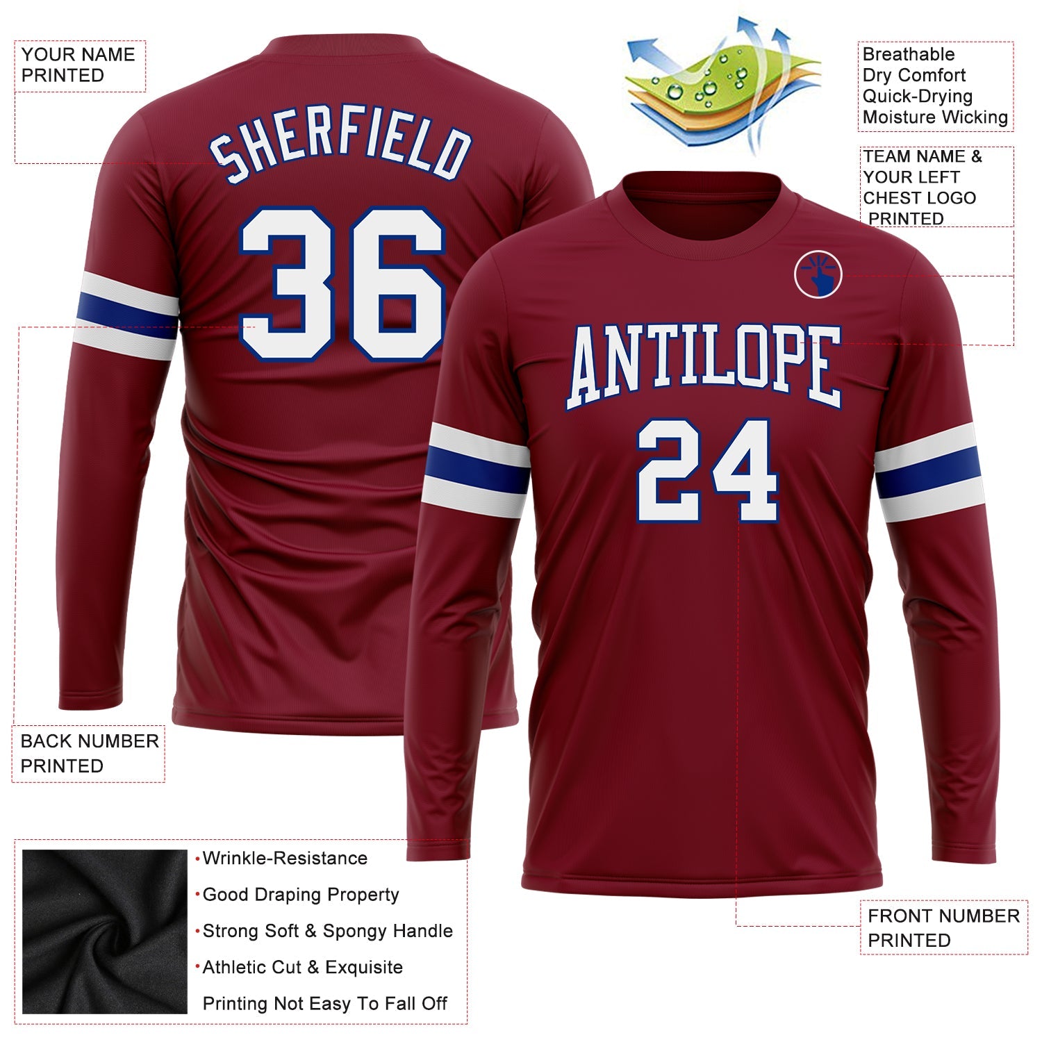 Custom Crimson White-Royal Long Sleeve Performance T-Shirt view 3