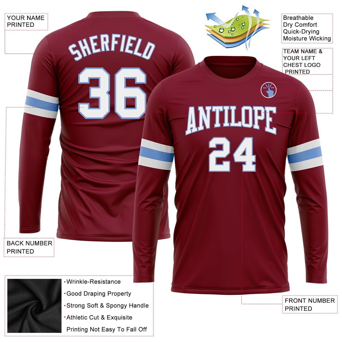 Custom Crimson White-Light Blue Long Sleeve Performance T-Shirt view 3