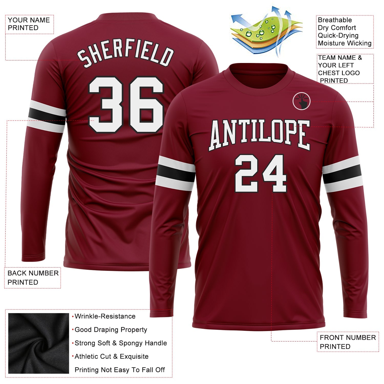 Custom Crimson White-Black Long Sleeve Performance T-Shirt view 3