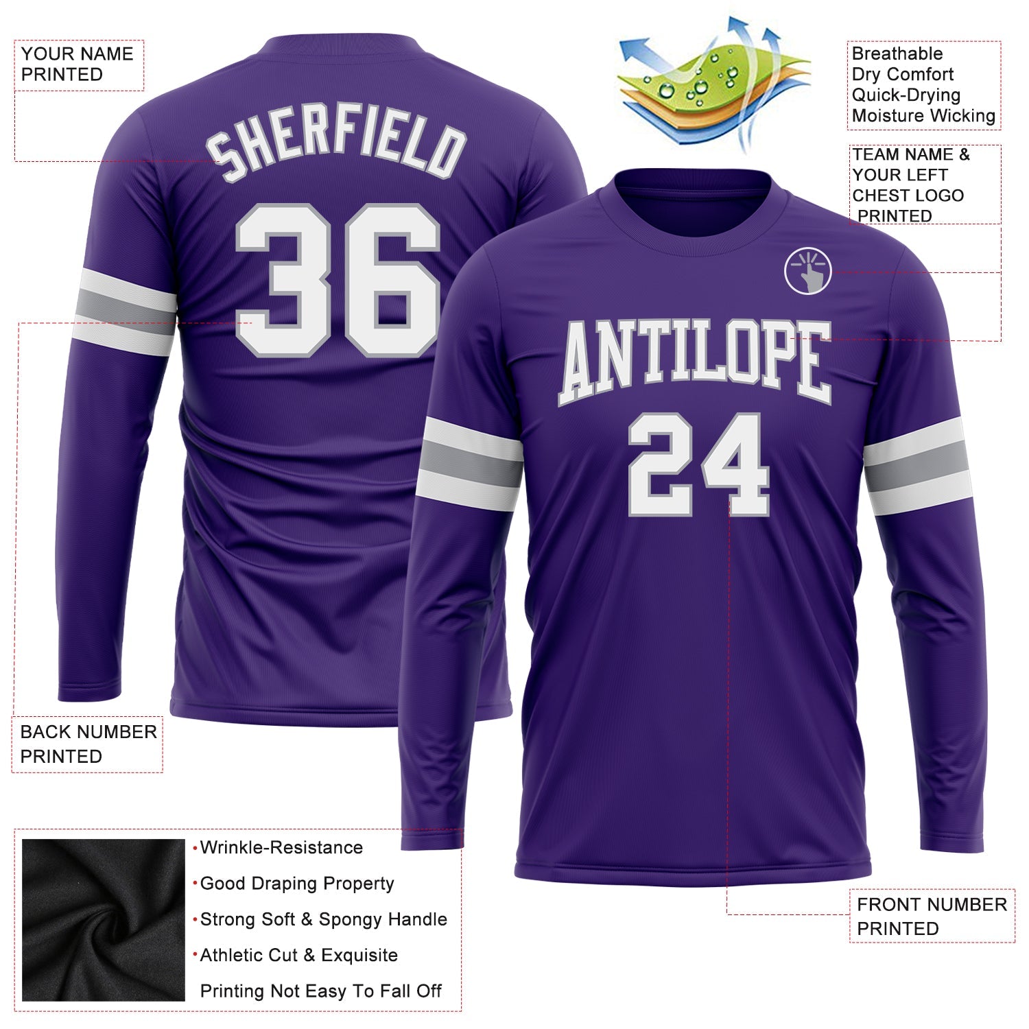 Custom Purple White-Gray Long Sleeve Performance T-Shirt view 3