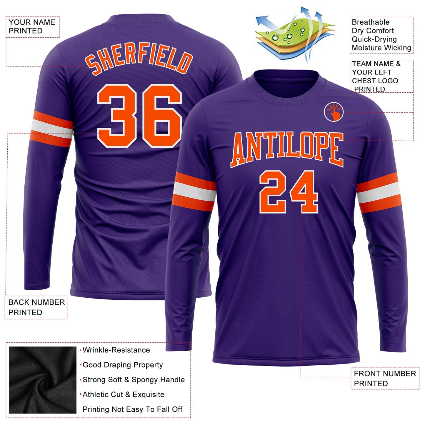 Custom Purple Orange-White Long Sleeve Performance T-Shirt view 3