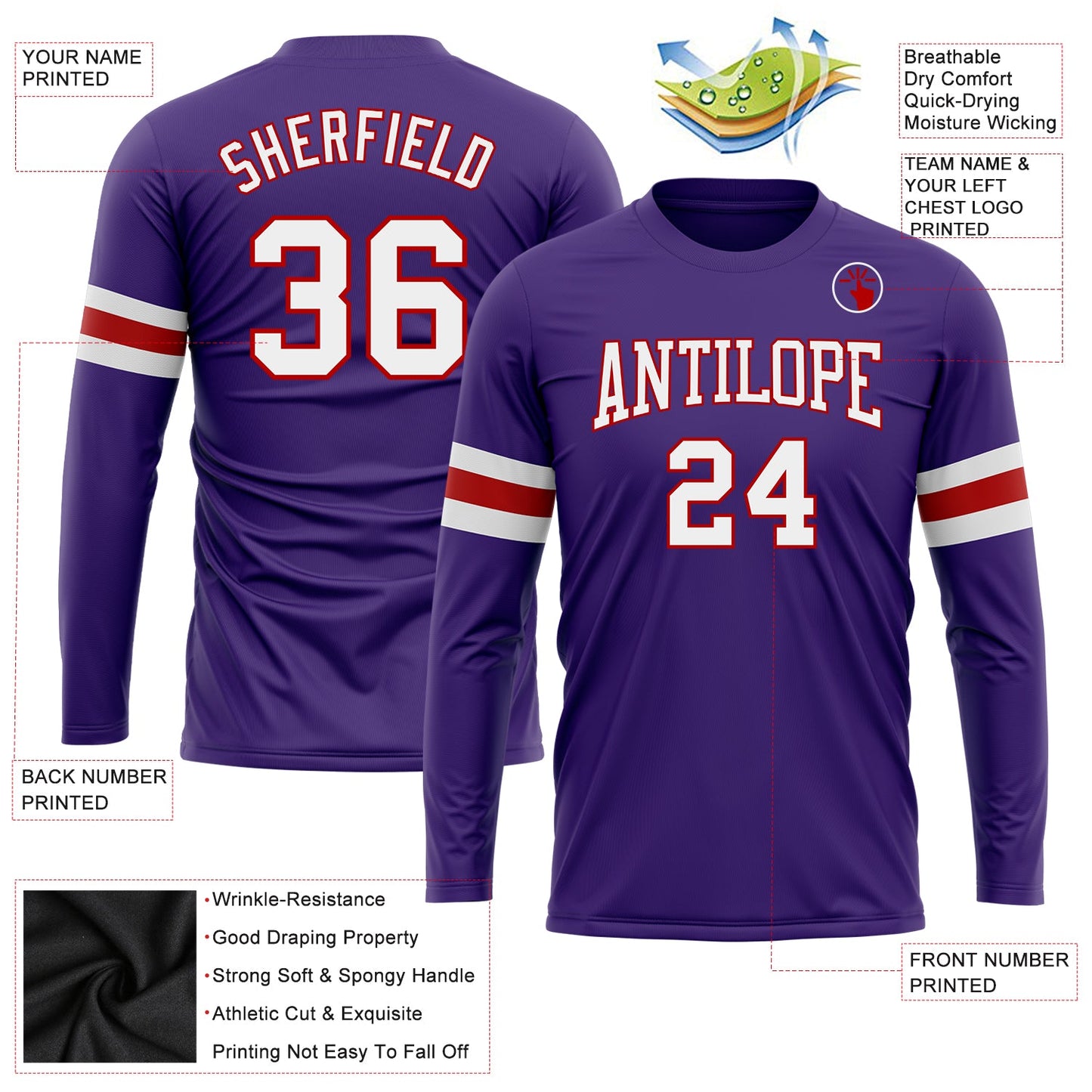 Custom Purple White-Red Long Sleeve Performance T-Shirt view 3