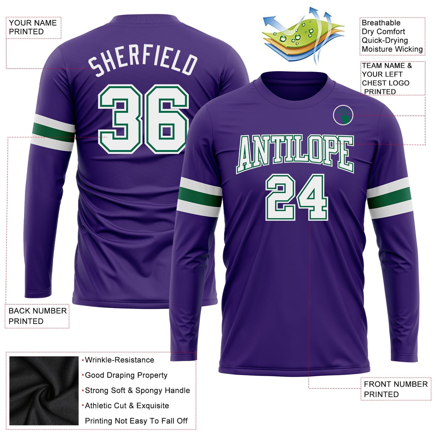 Custom Purple White-Kelly Green Long Sleeve Performance T-Shirt view 3