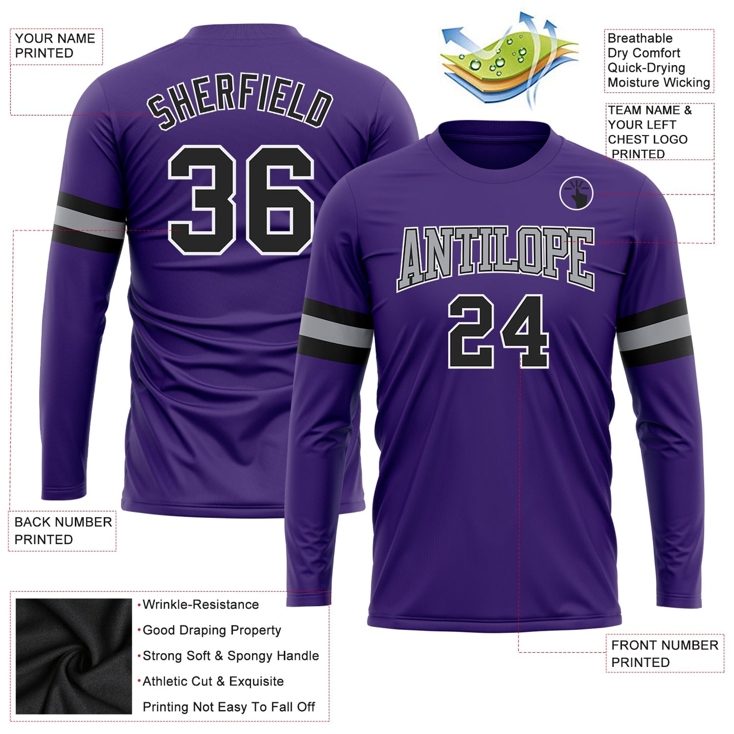 Custom Purple Black-Gray Long Sleeve Performance T-Shirt view 3