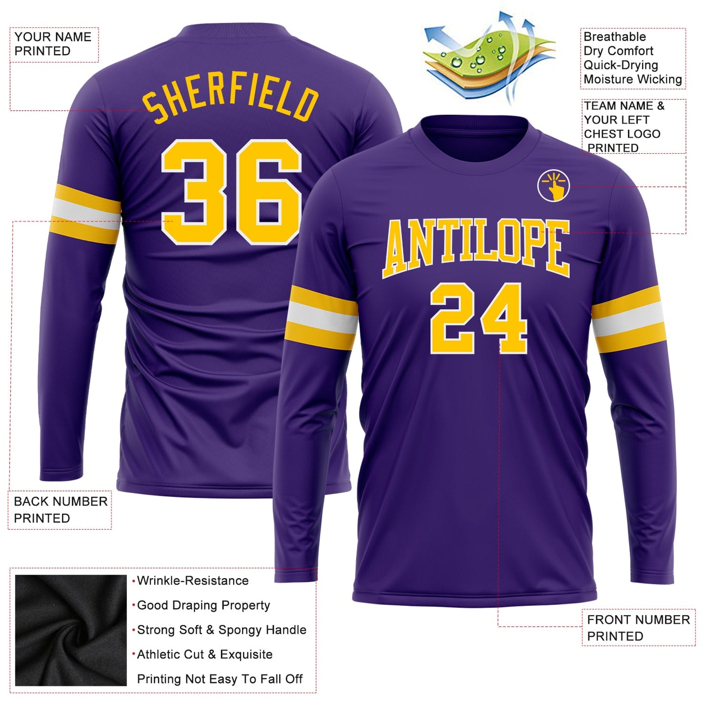 Custom Purple Gold-White Long Sleeve Performance T-Shirt view 3
