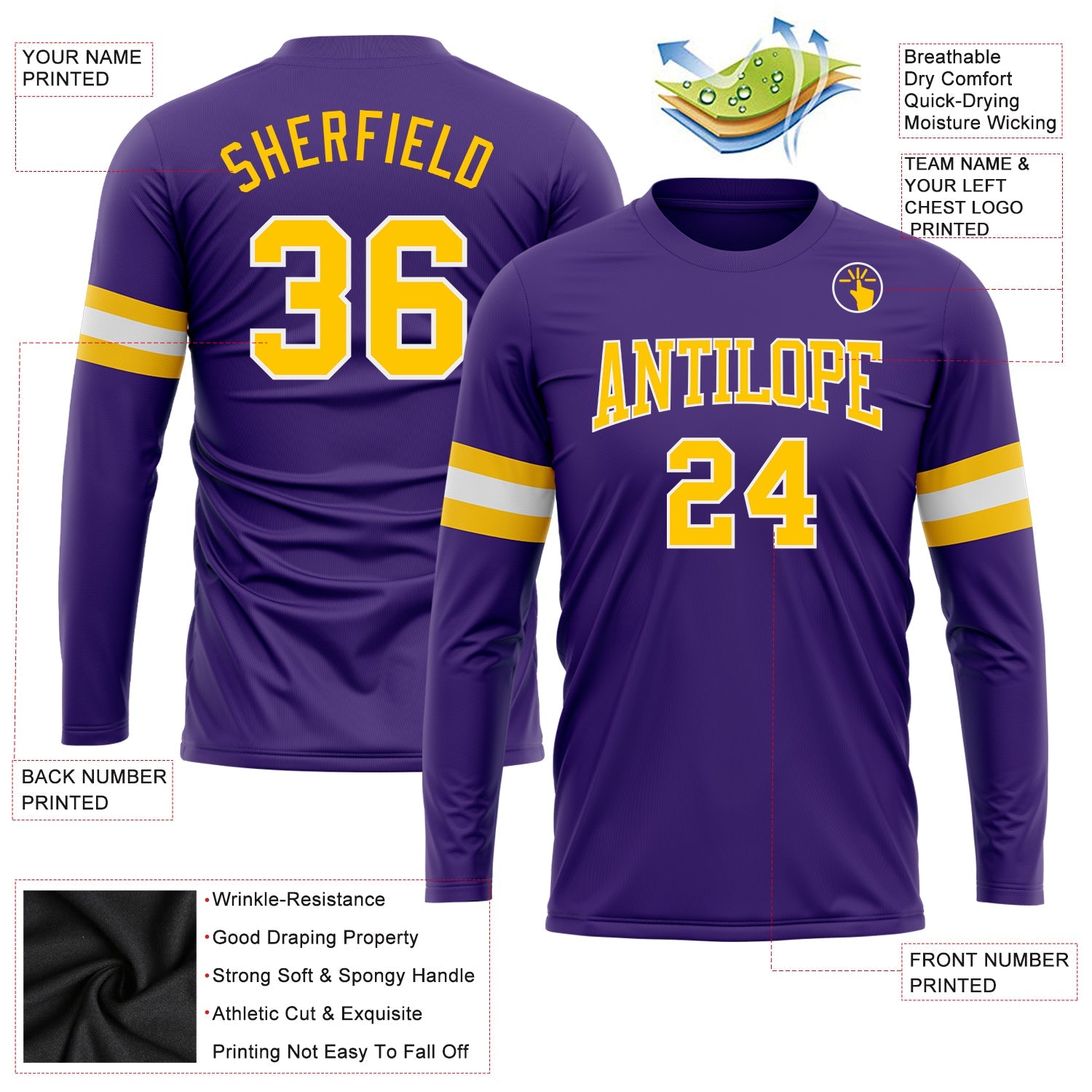 Custom Purple Gold-White Long Sleeve Performance T-Shirt view 3