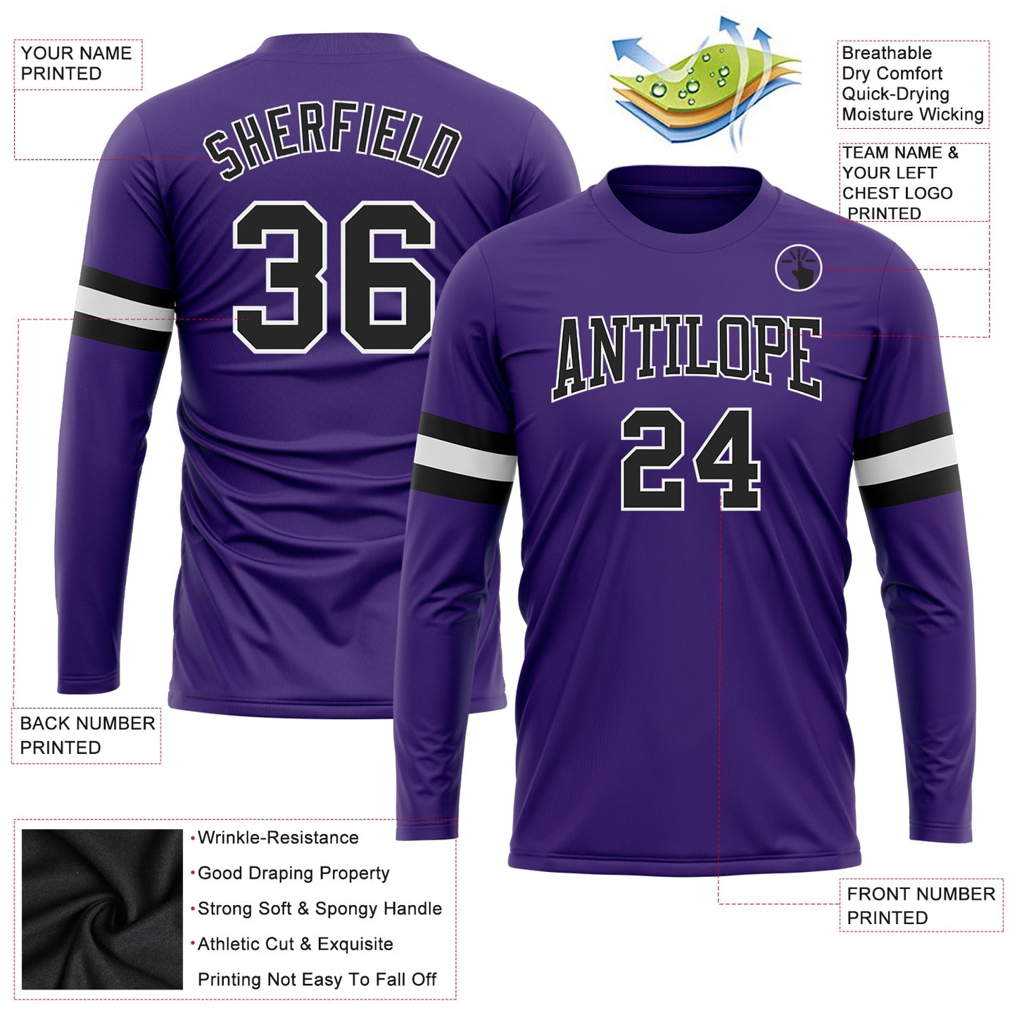 Custom Purple Black-White Long Sleeve Performance T-Shirt view 3