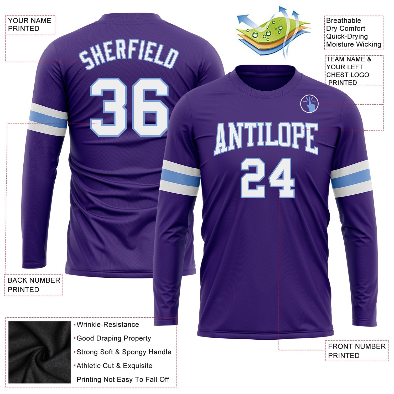 Custom Purple White-Light Blue Long Sleeve Performance T-Shirt view 3