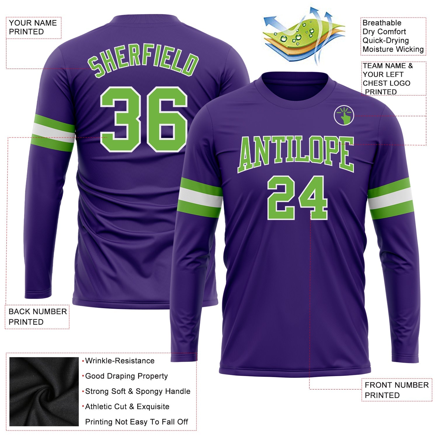Custom Purple Neon Green-White Long Sleeve Performance T-Shirt view 3