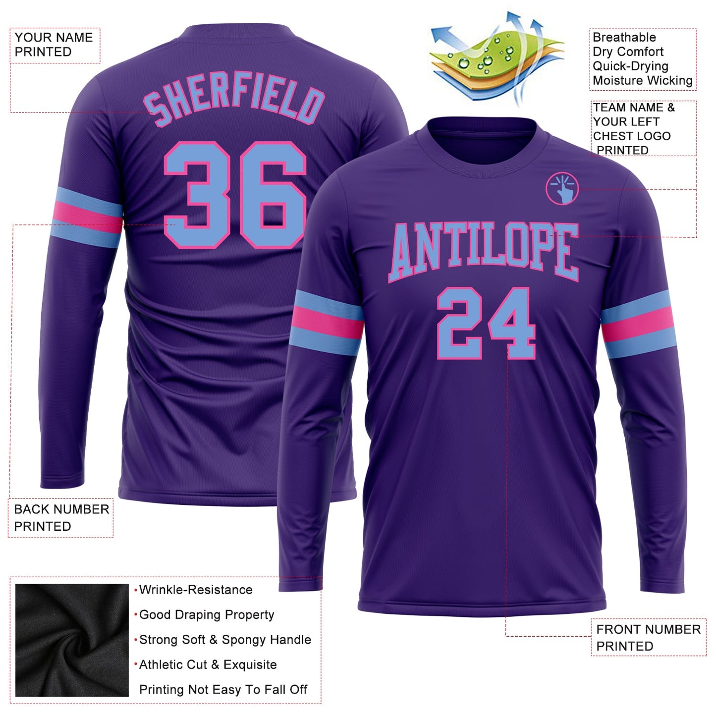 Custom Purple Light Blue-Pink Long Sleeve Performance T-Shirt view 3