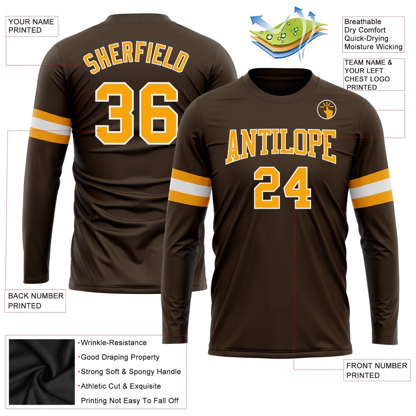 Custom Brown Gold-White Long Sleeve Performance T-Shirt view 3