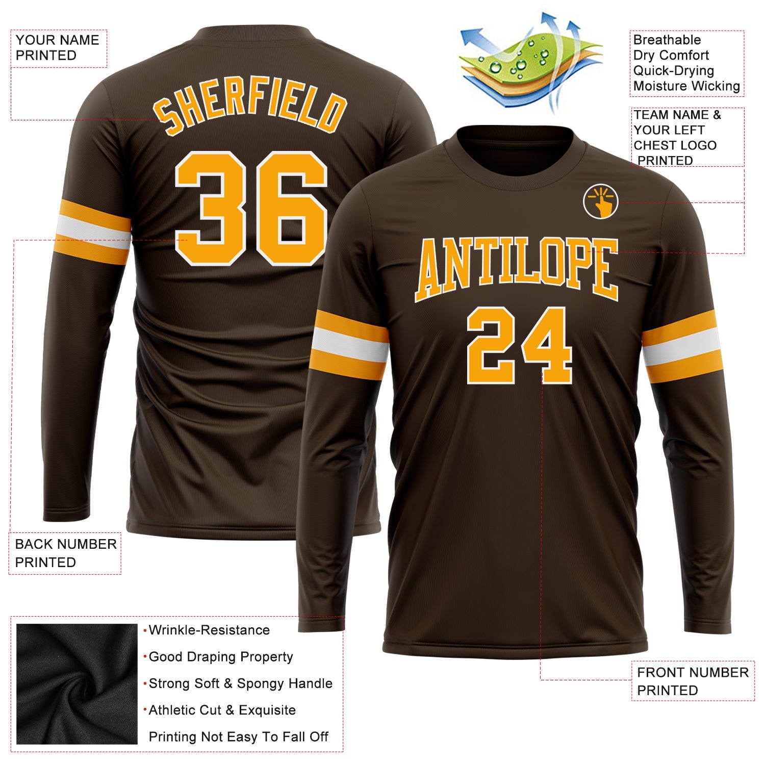 Custom Brown Gold-White Long Sleeve Performance T-Shirt view 3