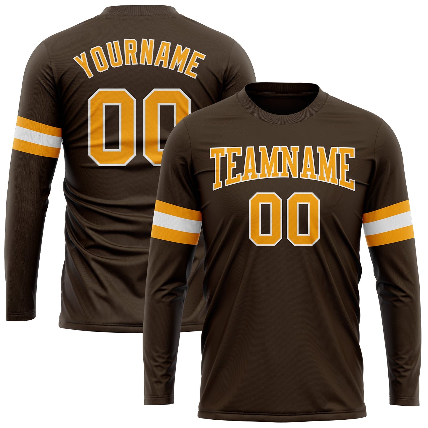 Custom Brown Gold-White Long Sleeve Performance T-Shirt - Main View