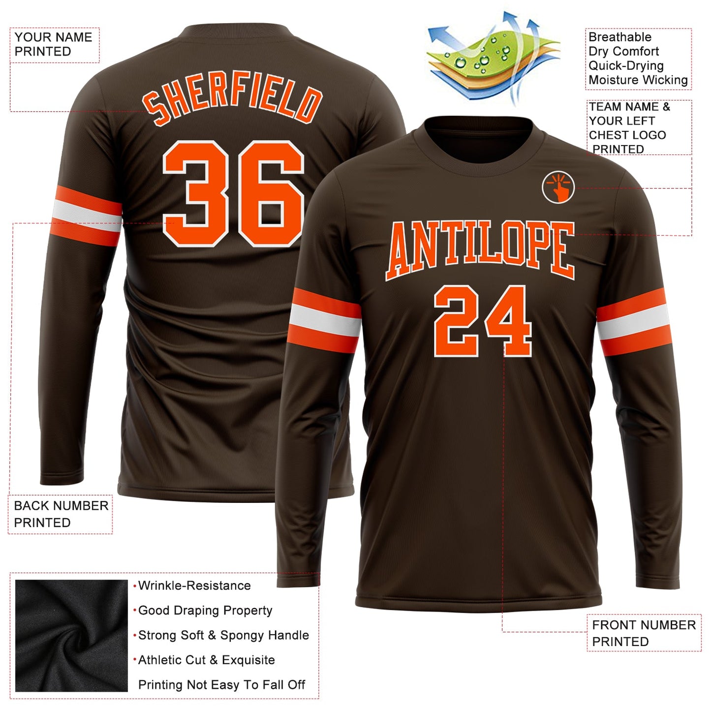 Custom Brown Orange-White Long Sleeve Performance T-Shirt view 3