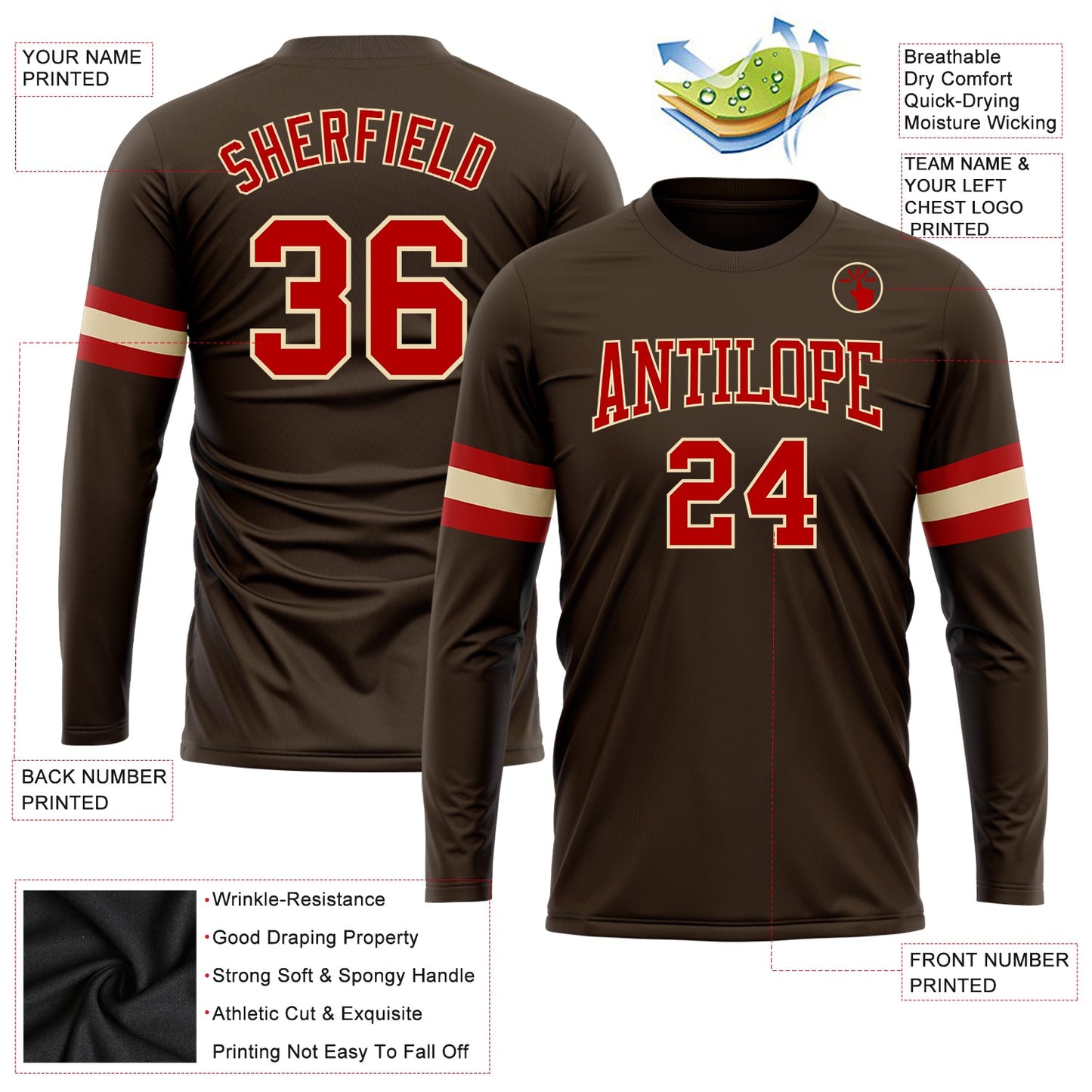 Custom Brown Red-Cream Long Sleeve Performance T-Shirt view 3