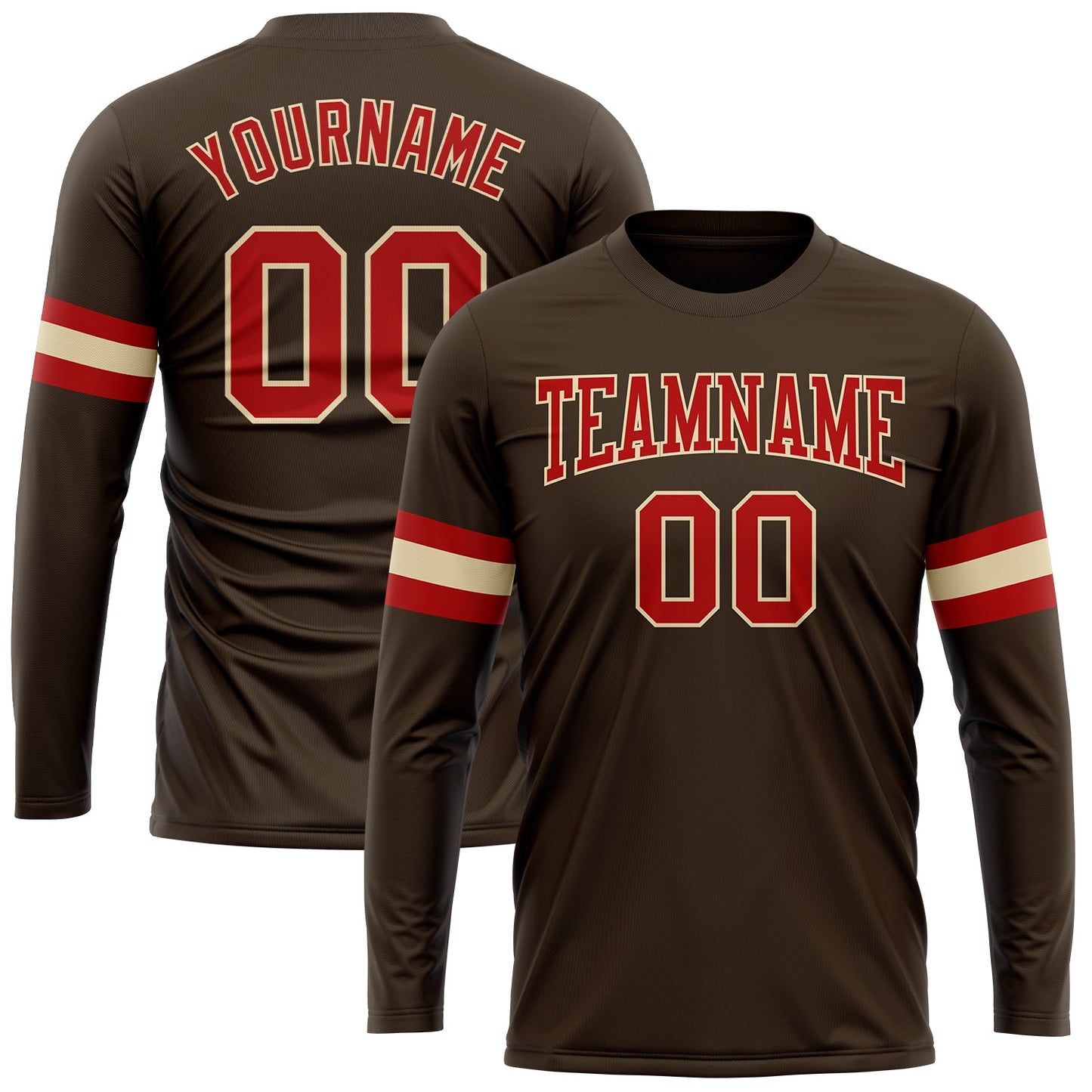 Custom Brown Red-Cream Long Sleeve Performance T-Shirt - Main View