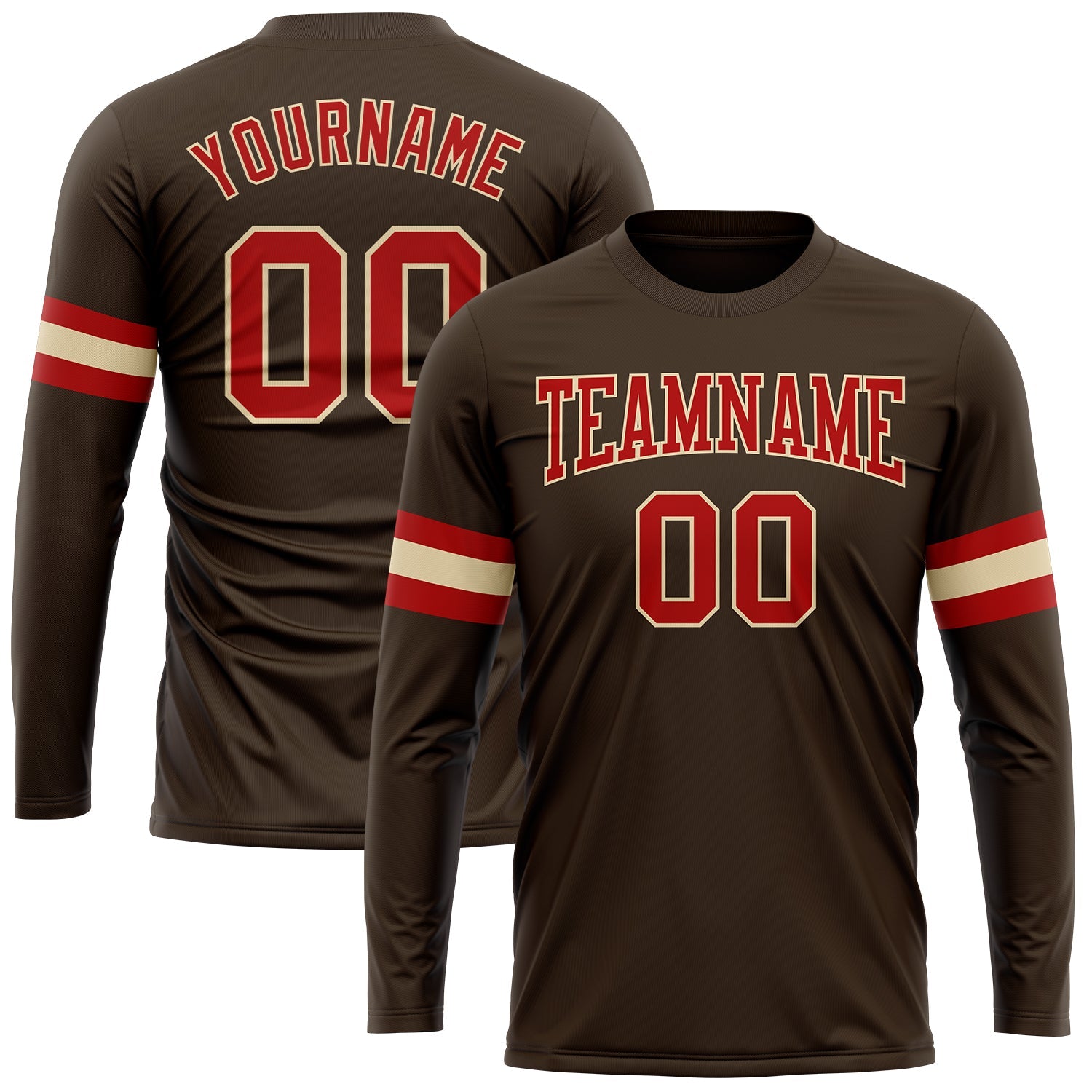 Custom Brown Red-Cream Long Sleeve Performance T-Shirt - Main View