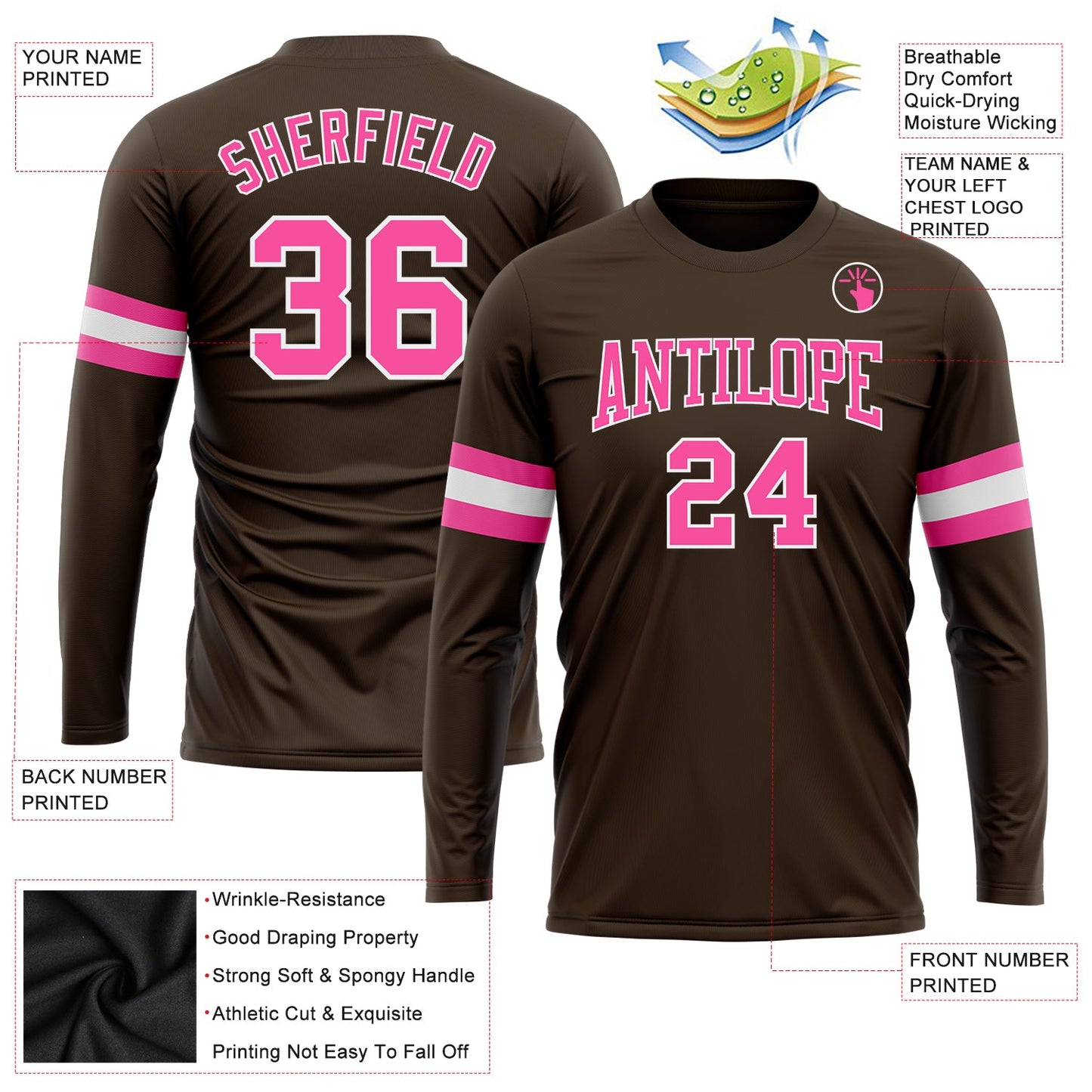 Custom Brown Pink-White Long Sleeve Performance T-Shirt view 3