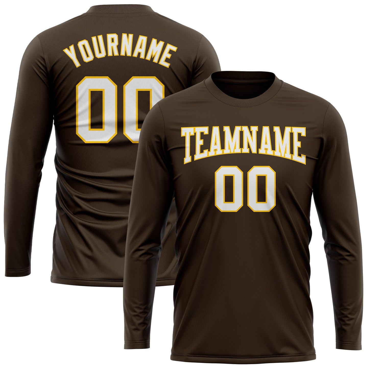 Custom Brown White-Gold Long Sleeve Performance T-Shirt view 2