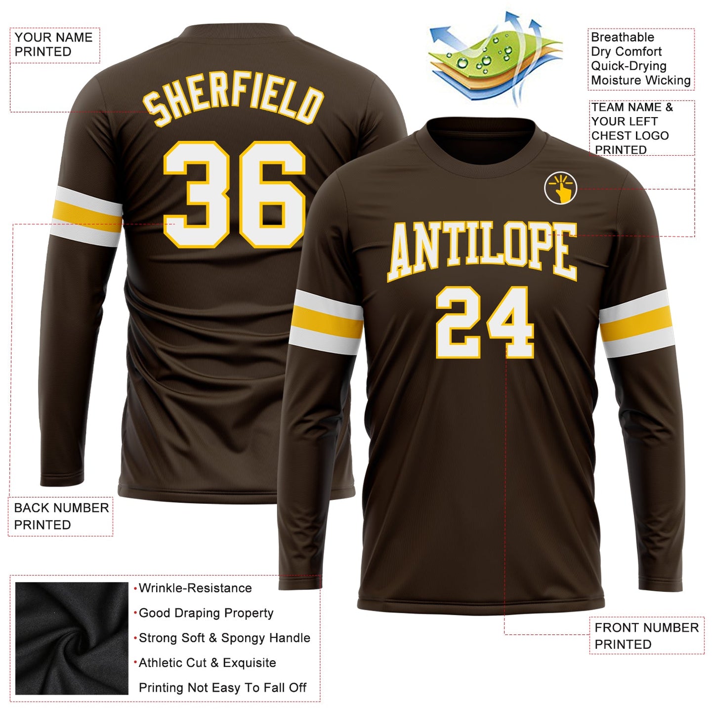 Custom Brown White-Gold Long Sleeve Performance T-Shirt view 3