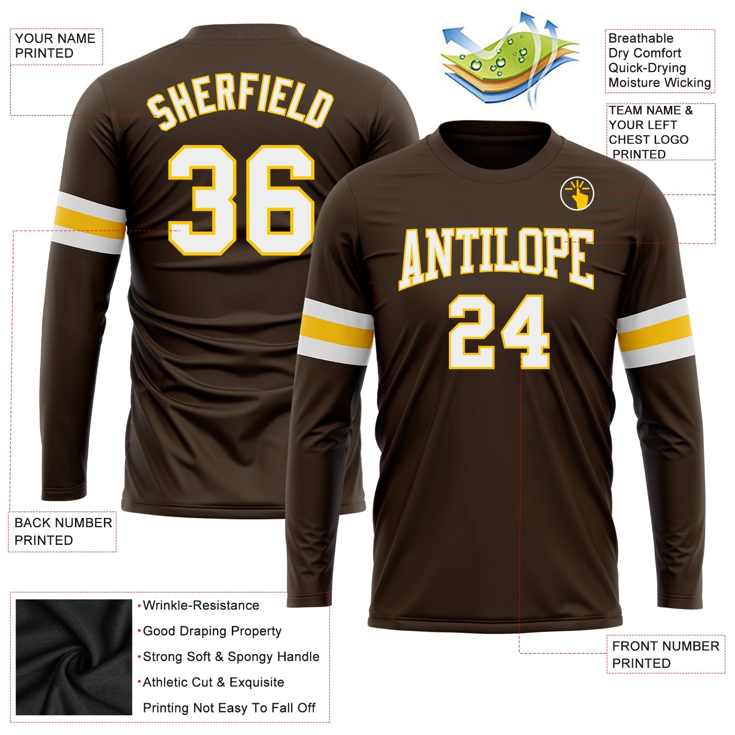 Custom Brown White-Gold Long Sleeve Performance T-Shirt view 3