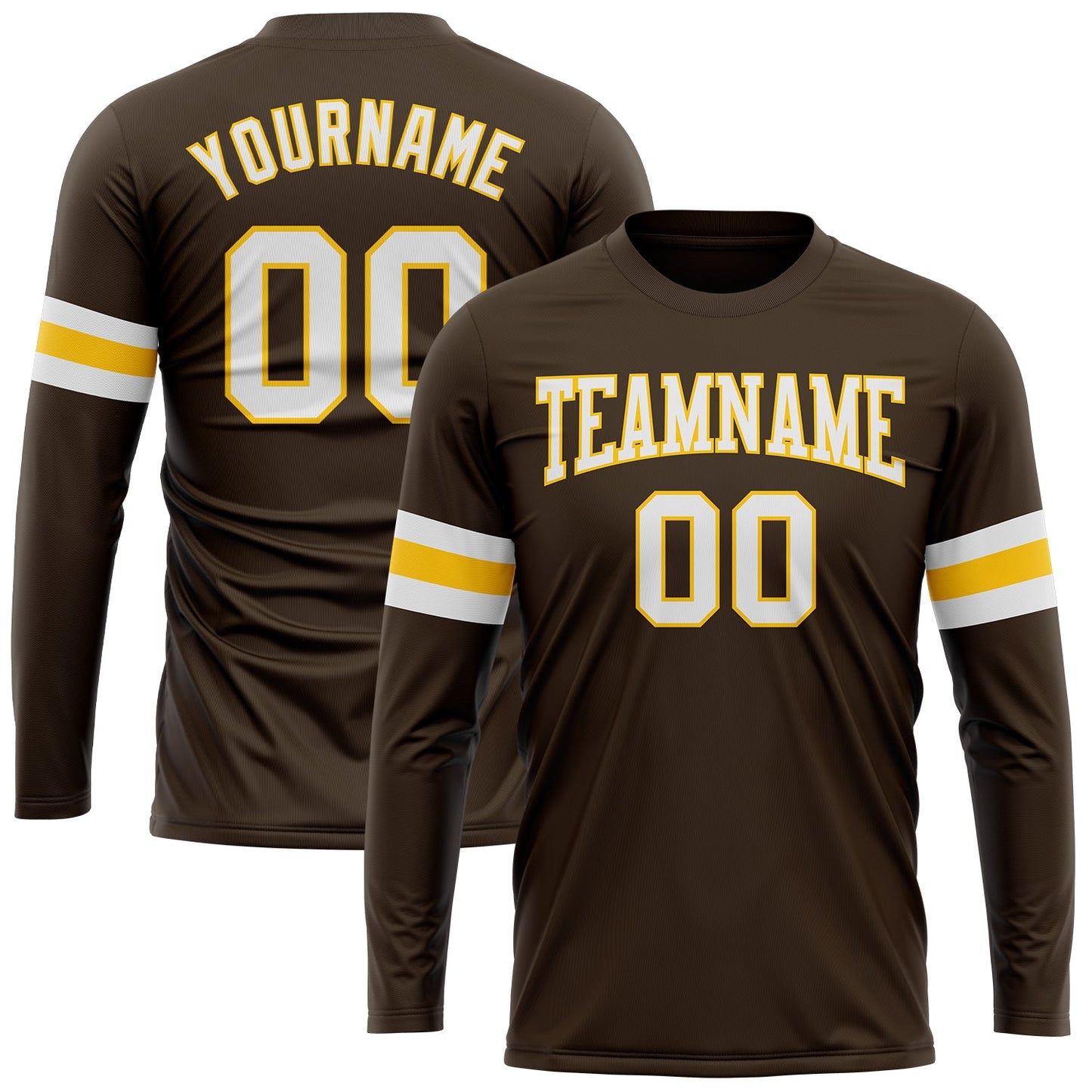 Custom Brown White-Gold Long Sleeve Performance T-Shirt - Main View