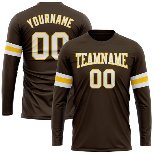 Custom Brown White-Gold Long Sleeve Performance T-Shirt - Main View