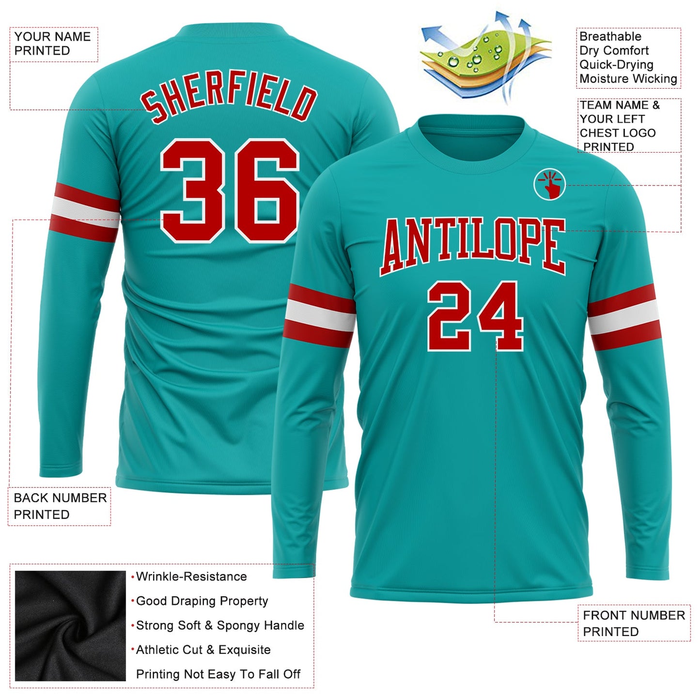Custom Aqua Red-White Long Sleeve Performance T-Shirt view 3