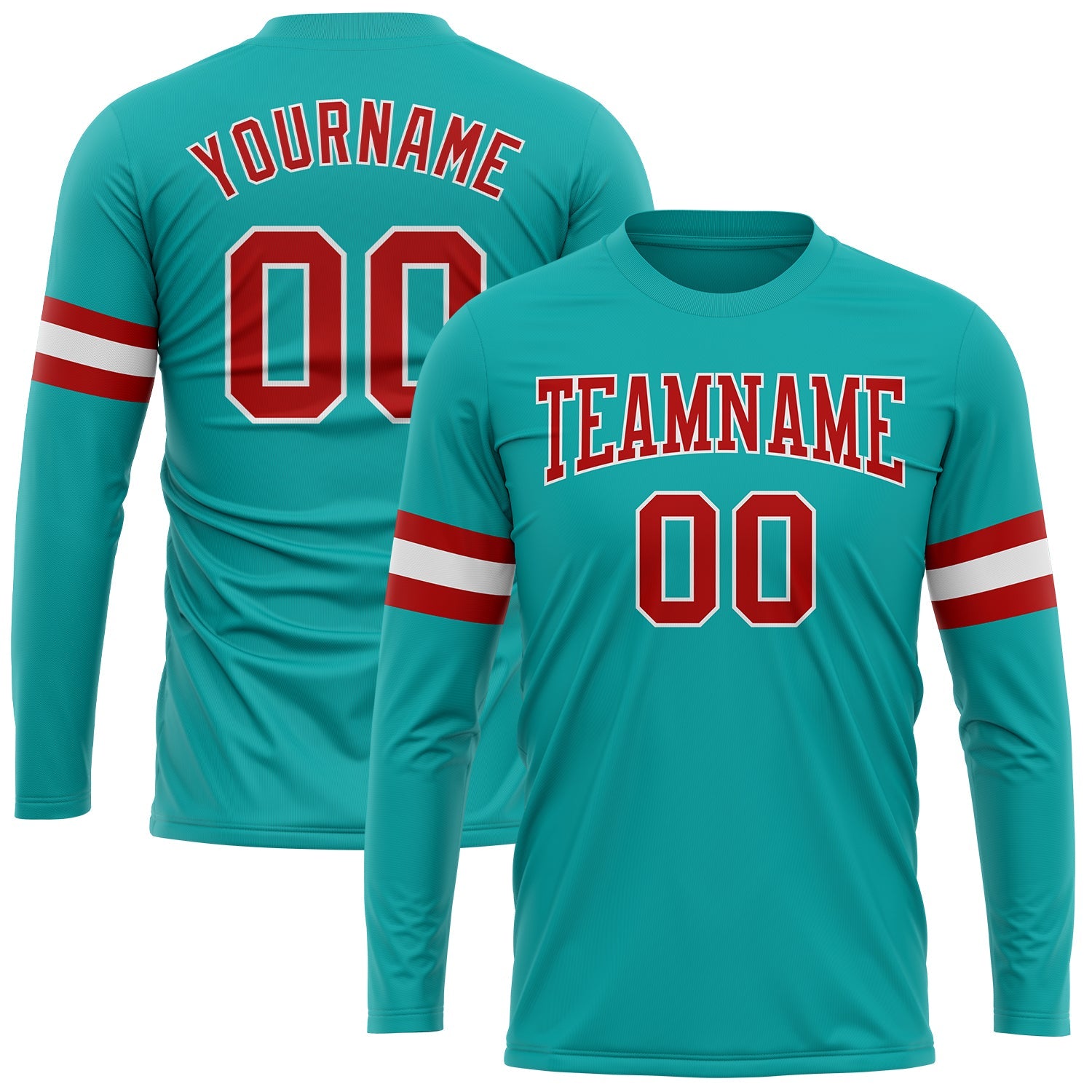 Custom Aqua Red-White Long Sleeve Performance T-Shirt - Main View