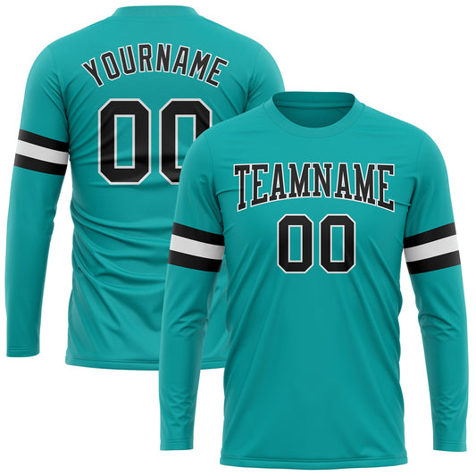Custom Aqua Black-White Long Sleeve Performance T-Shirt - Main View