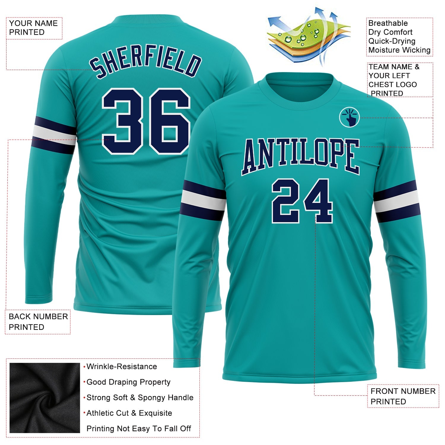 Custom Aqua Navy-White Long Sleeve Performance T-Shirt view 3