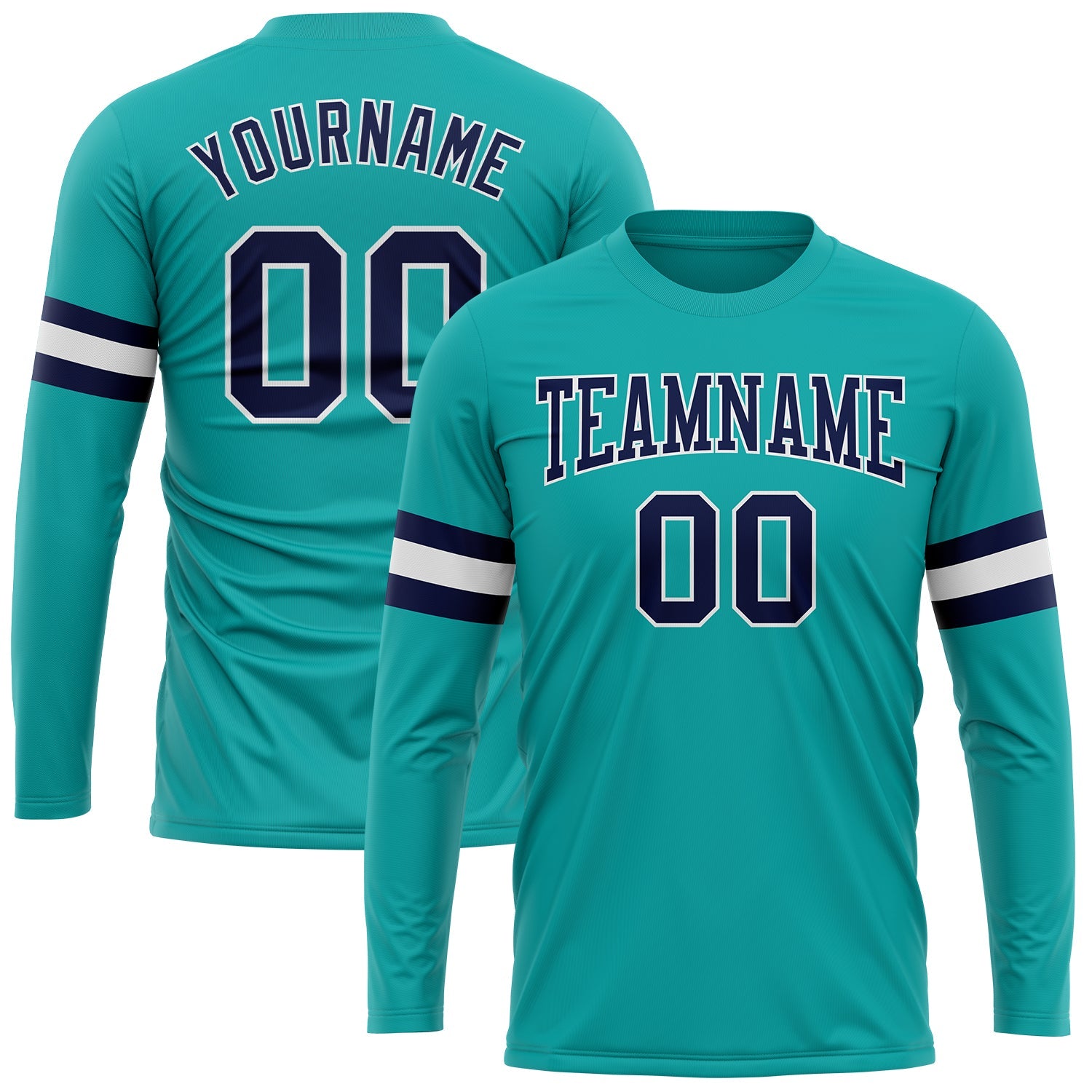 Custom Aqua Navy-White Long Sleeve Performance T-Shirt - Main View