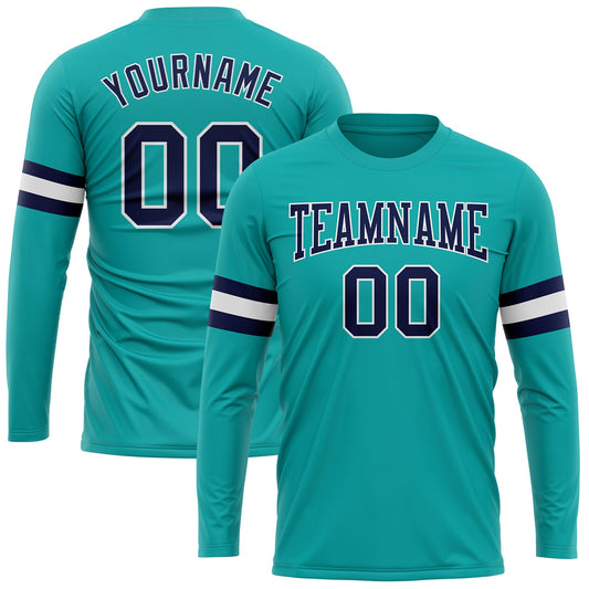 Custom Aqua Navy-White Long Sleeve Performance T-Shirt - Main View